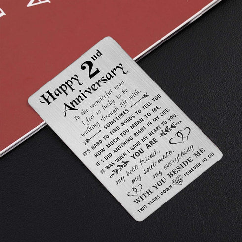 2nd Anniversary Engraved Metal Wallet Insert for Husband / Boyfriend